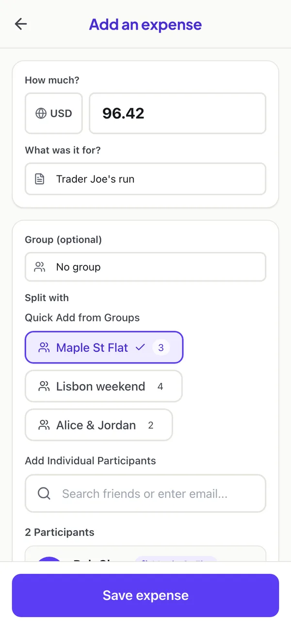 Adding an expense in PaidUp