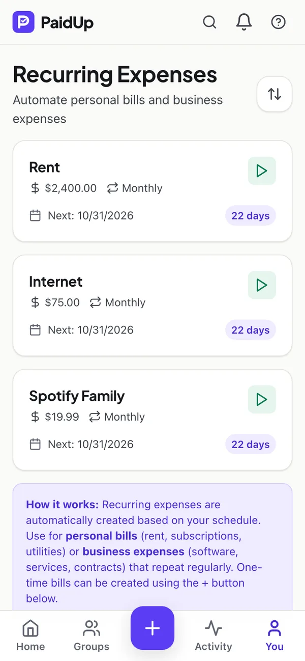 Recurring rent, internet and Spotify in PaidUp