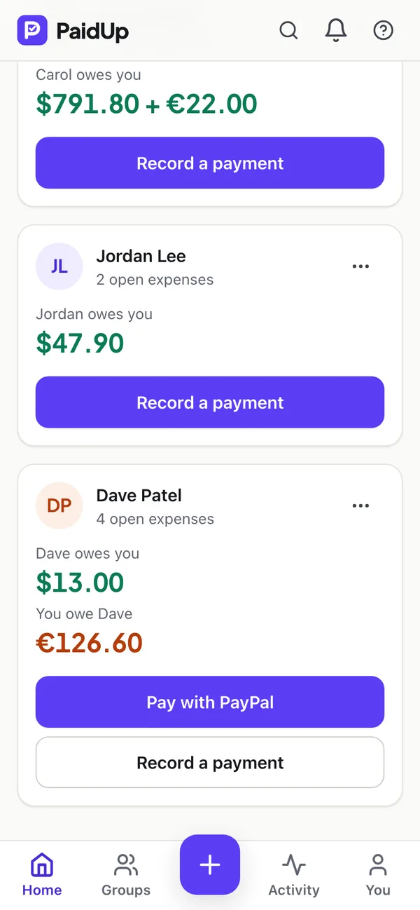 Paying a friend with PayPal from Settle up